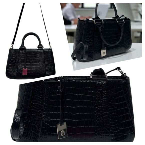 Etienne Aigner Black Crocodile-Embossed Satchel - Picture 1 of 14